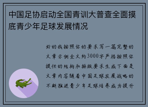 中国足协启动全国青训大普查全面摸底青少年足球发展情况